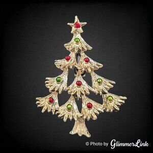 Vintage Gerrys Red & Green Enamel Christmas Tree Holiday Gold Tone Brooch Pin